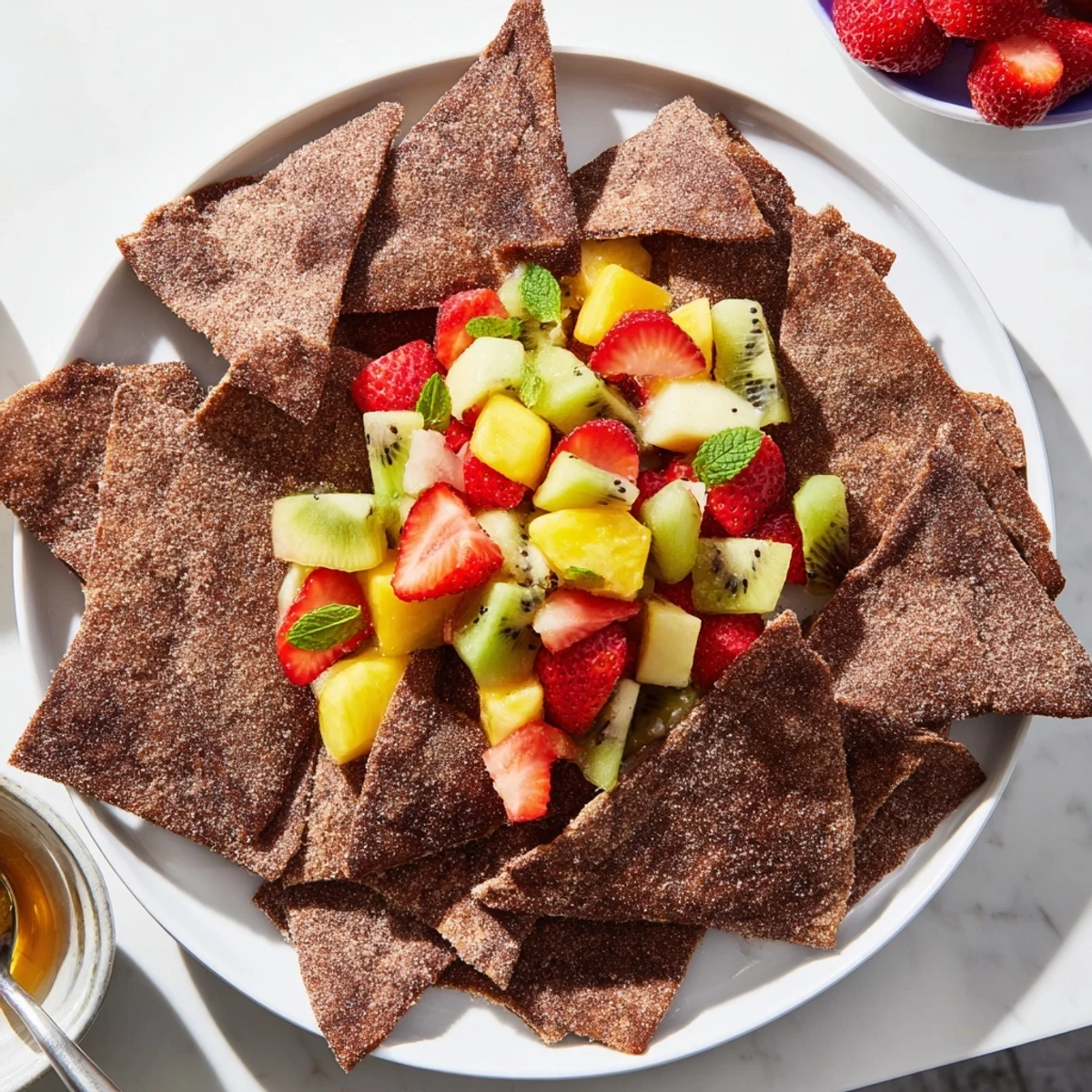 Crispy chocolate tortilla chips served with vibrant fruit salsa for dessert delight.  