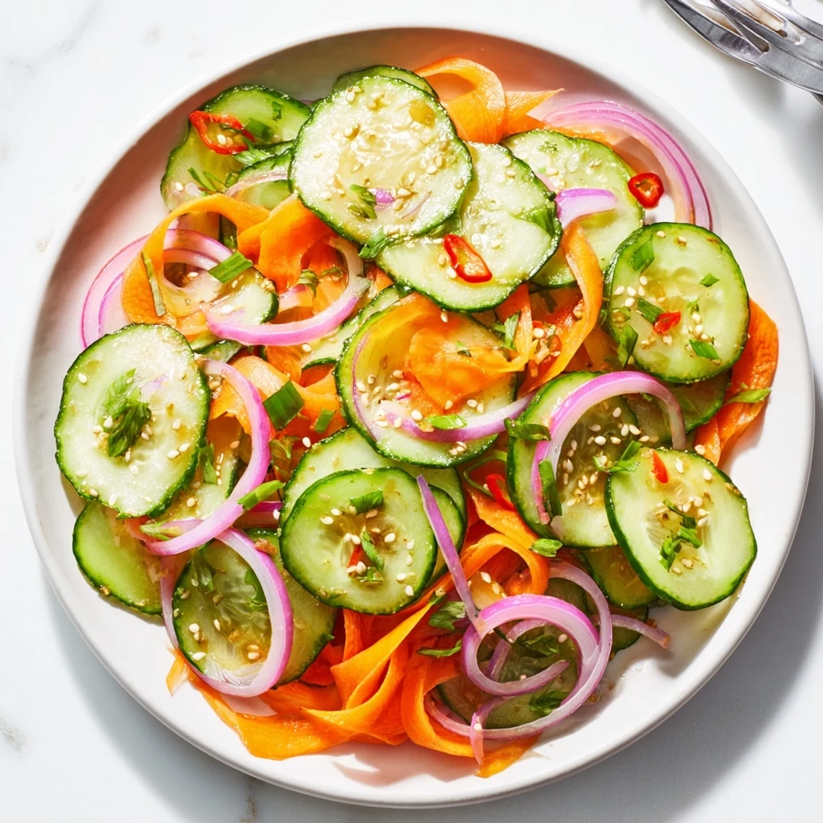 Freshly tossed cucumber salad remix with bright veggies and a zesty dressing.  