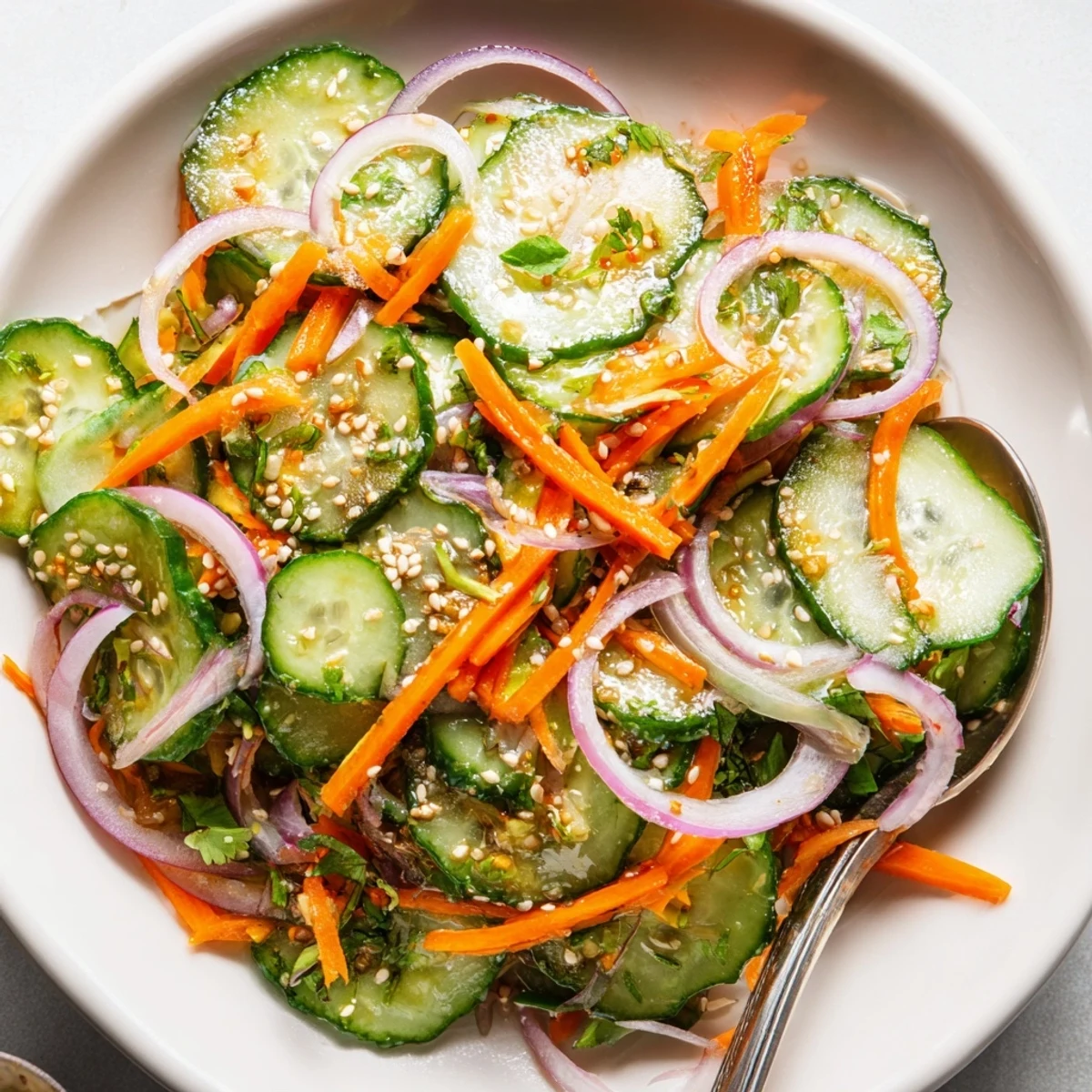 Vibrant cucumber salad remix topped with toasted sesame seeds for extra crunch.