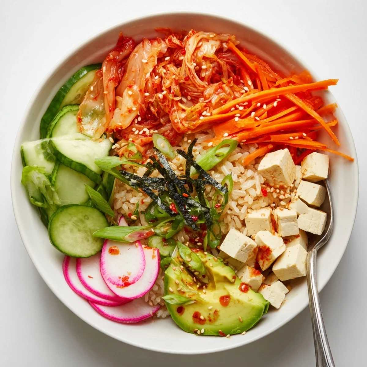 Vibrant fermented vegetable bowl with tangy kimchi, fresh veggies, and hearty grains.