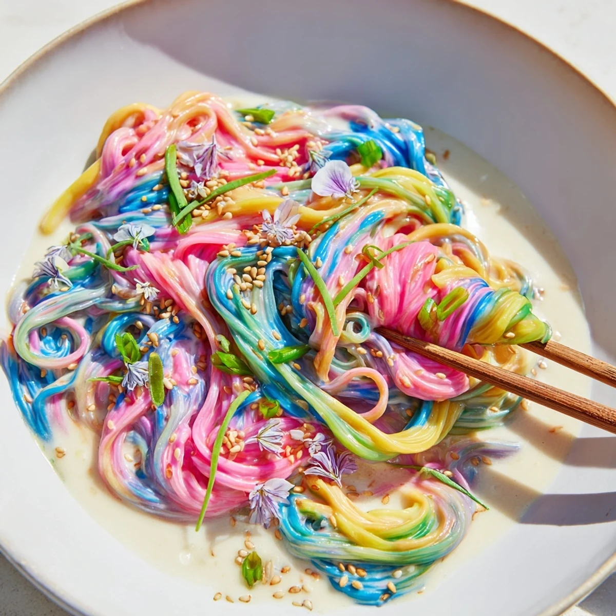 Vibrant neon noodle cloud recipe with colorful noodles in creamy, dreamy sauce.