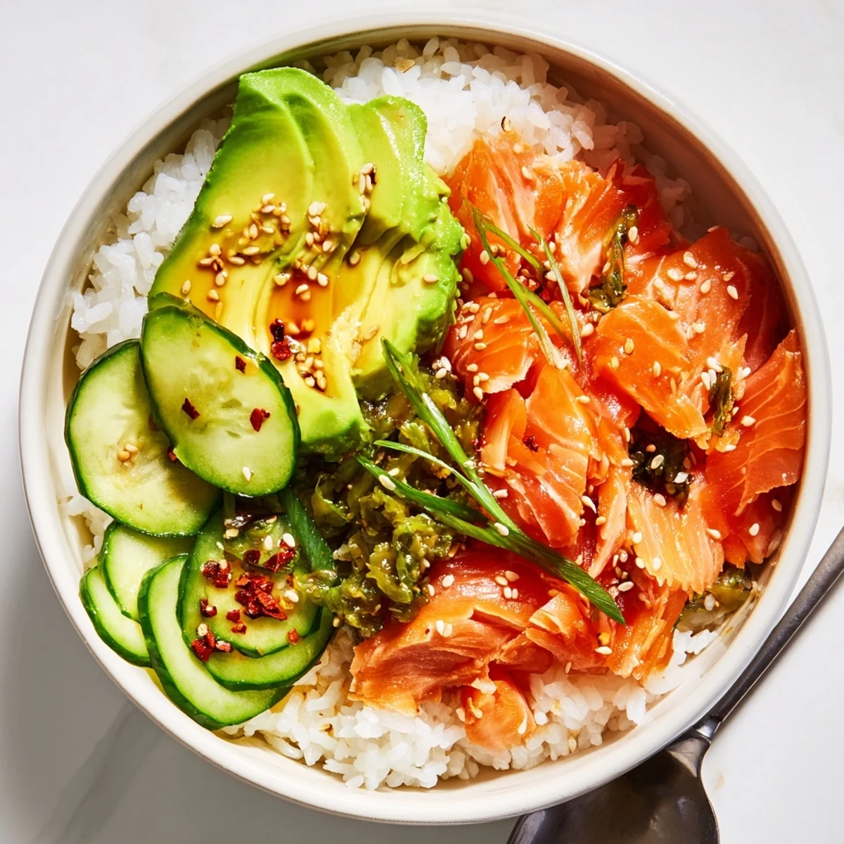 Delicious leftover Salmon & Rice Bowl with vibrant avocado and cucumber toppings.  