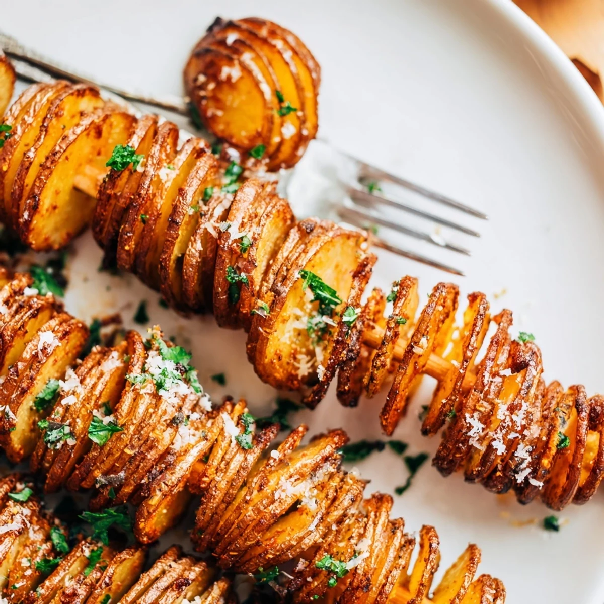 Crispy air-fryer tornado potatoes, seasoned and skewered for a delightful snack.