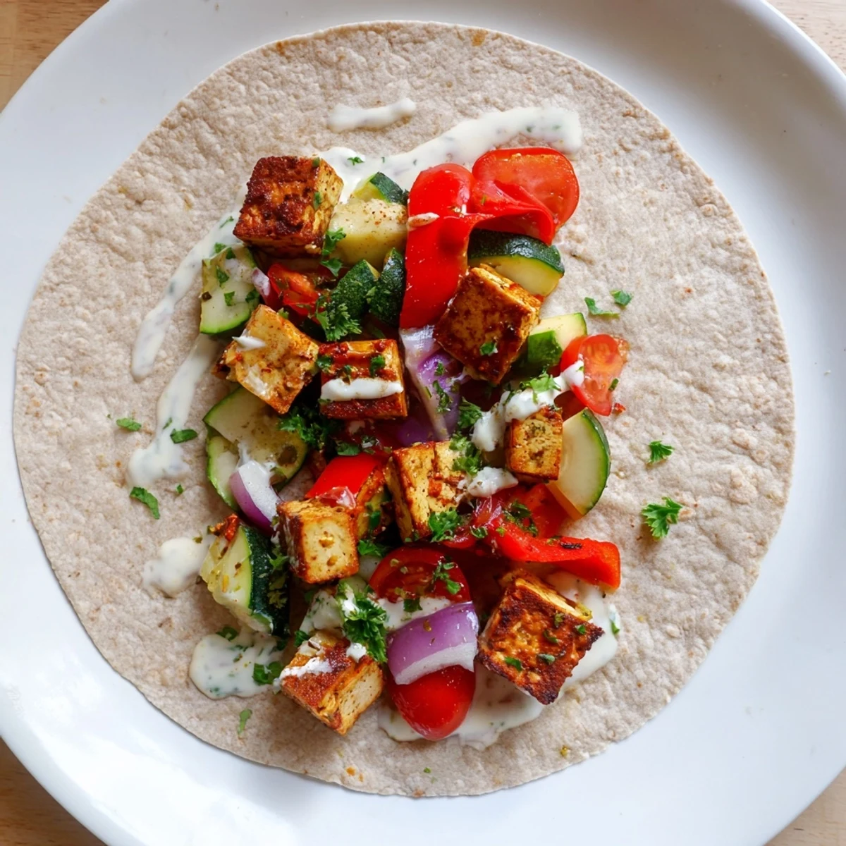 Colorful Vegan Viral Recipe featuring golden tofu and zesty tahini-yogurt sauce drizzled artfully. 