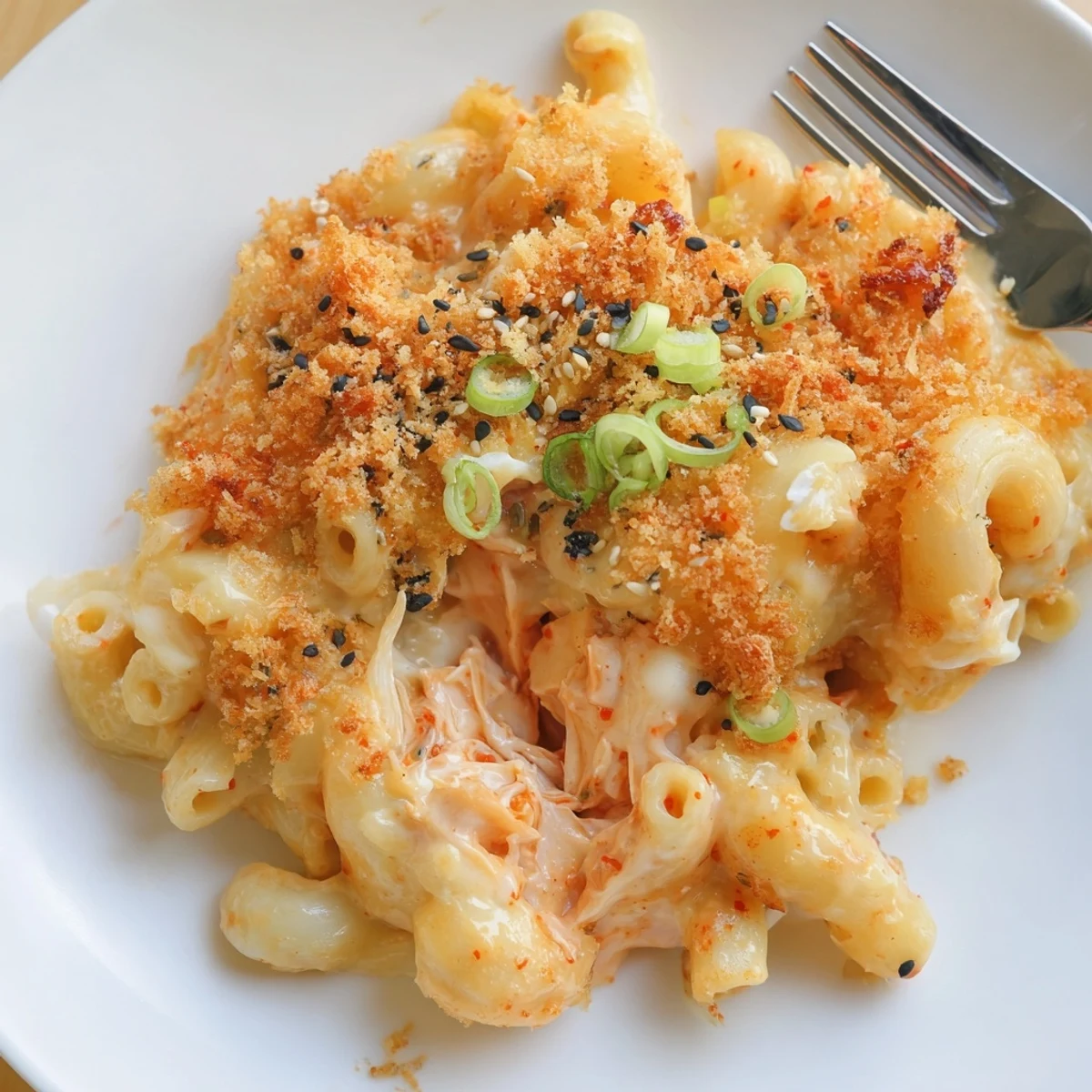 Baked Spicy Kimchi Mac & Cheese with melty cheeses and zesty kimchi bursts.  