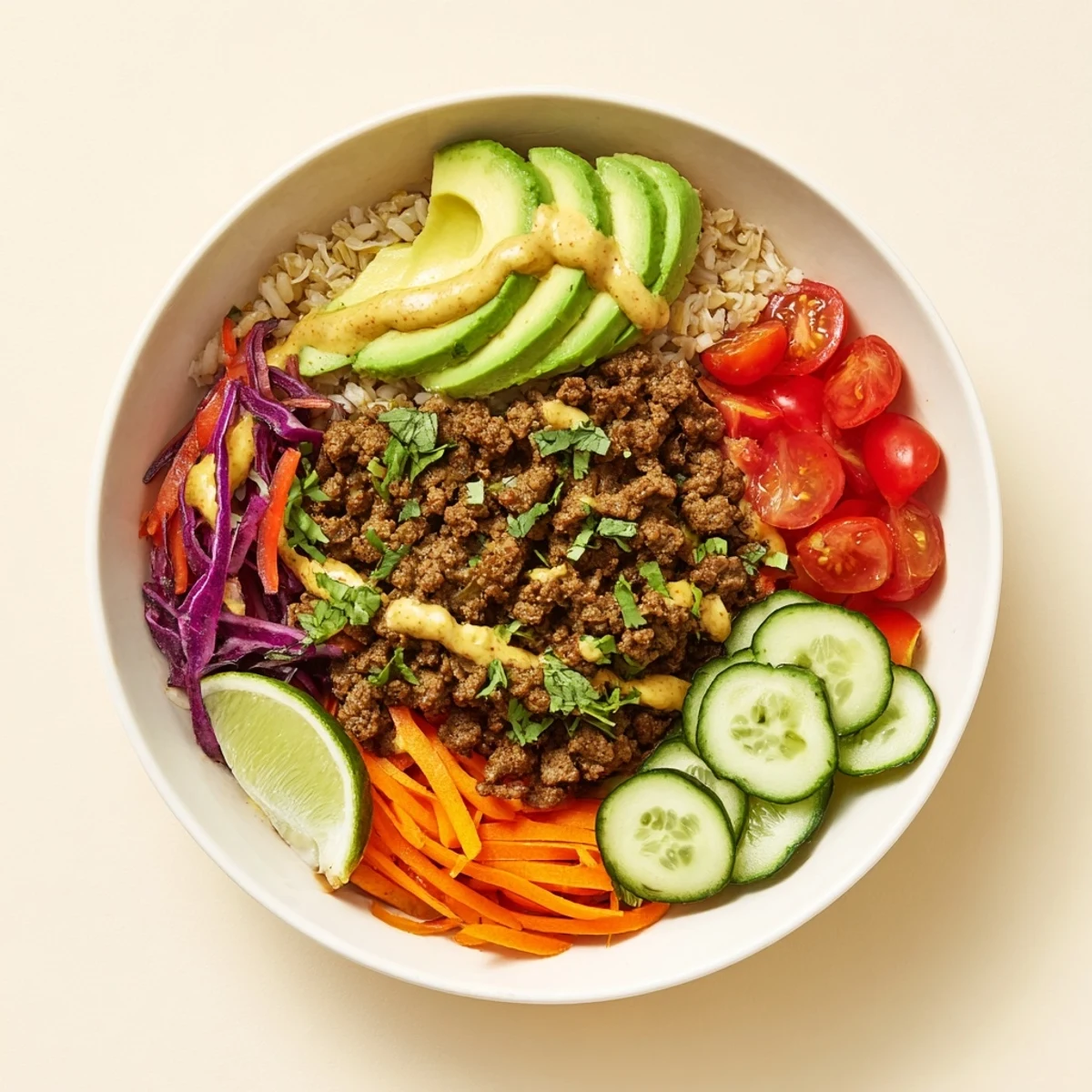 Colorful fusion plant-based meat bowl topped with avocado and lime wedges.  