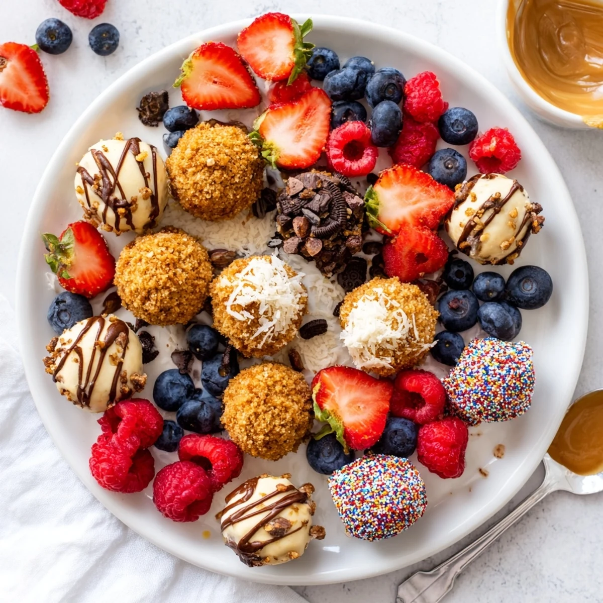 Decadent deconstructed dessert board with creamy cheesecake bites and vibrant fresh toppings.  