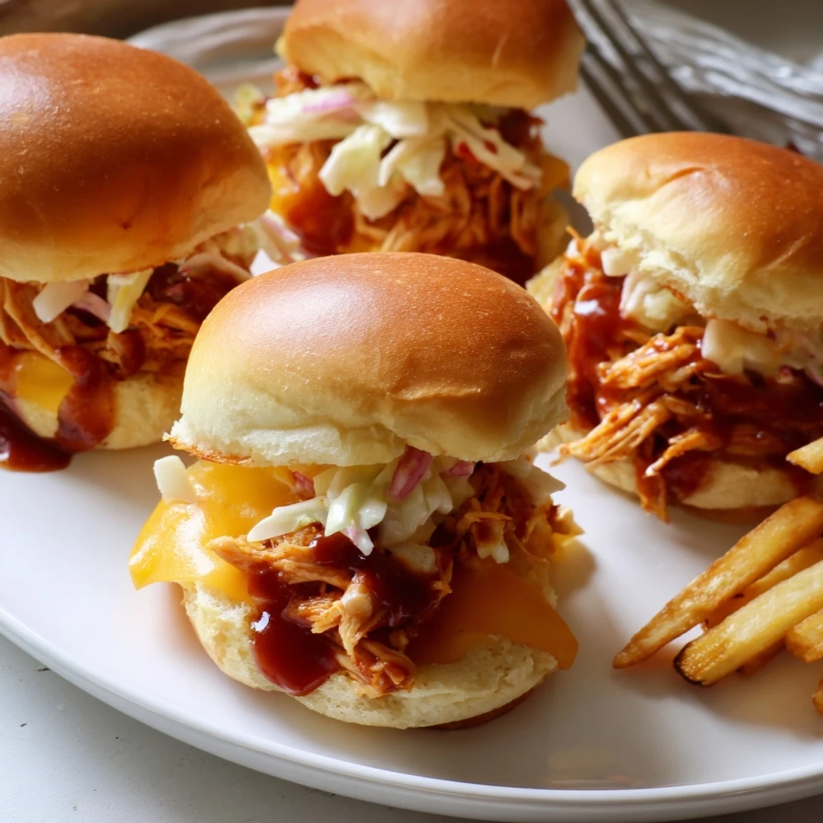 Juicy BBQ chicken sliders on soft buns, served with crispy golden fries.  