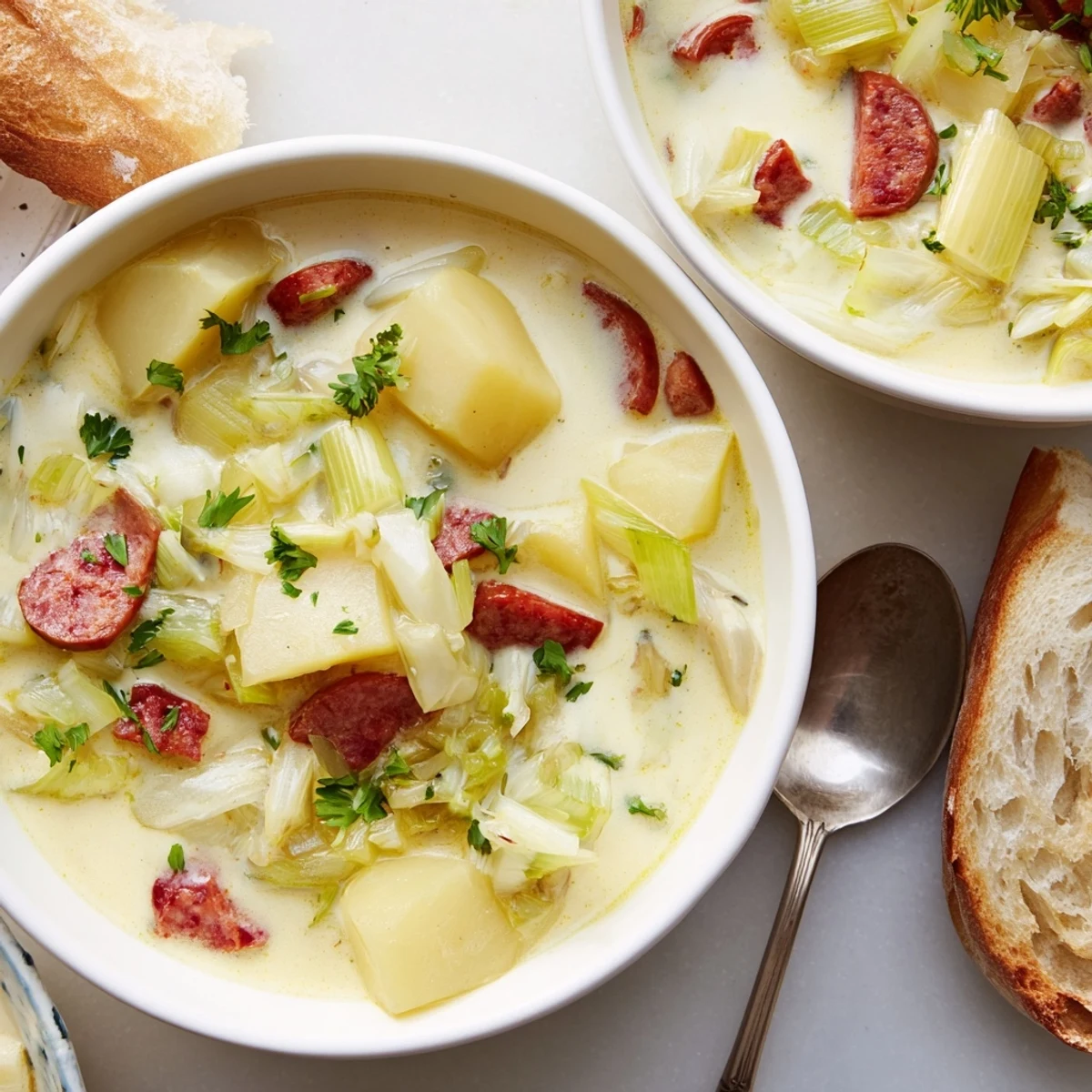 Hearty Potato, Leek & Chorizo Soup Bowl with vibrant chorizo and tender vegetables.