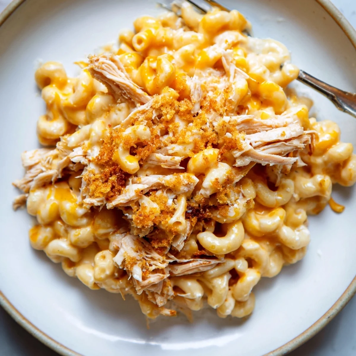 Mouthwatering Classic Mac & Cheese with BBQ Chicken, perfect for family gatherings and comfort food.  