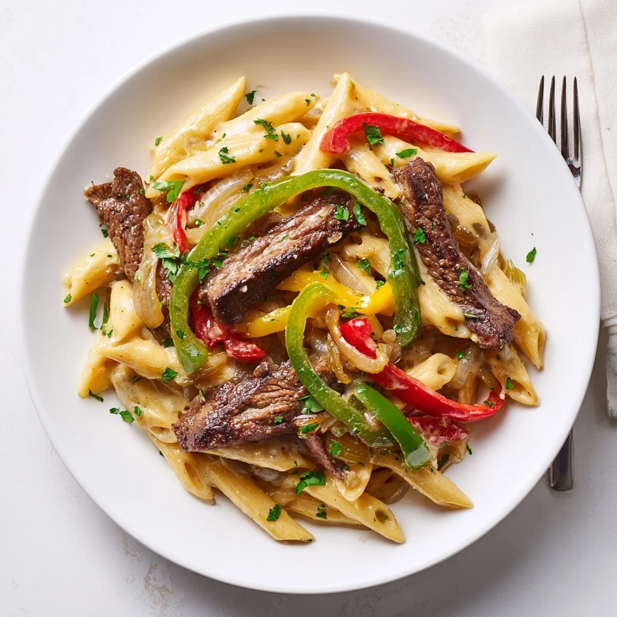 Hearty Philly Cheese Steak Pasta topped with melted cheese and colorful sautéed peppers.  