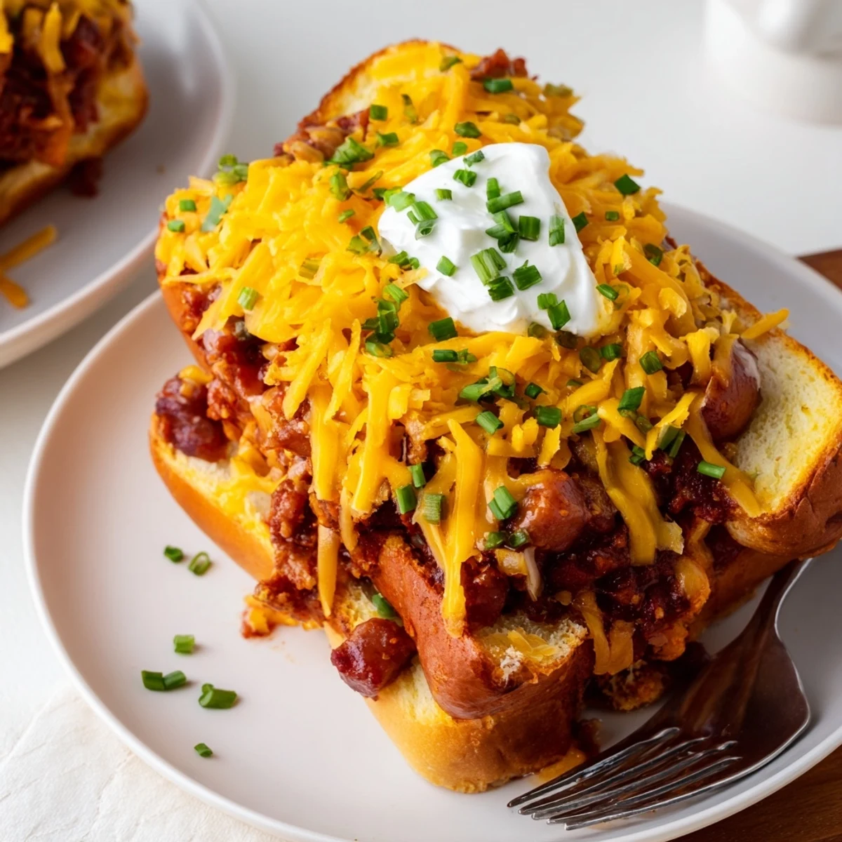 Savory chili dog casserole topped with melted cheese and garnished with fresh chives.  