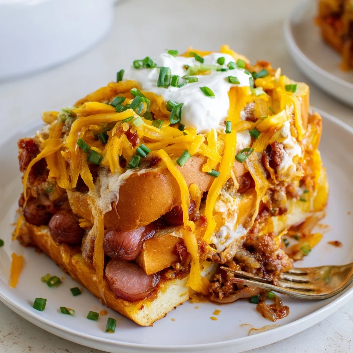 Comforting chili dog casserole featuring hot dogs, chili, and gooey cheddar cheese layers.