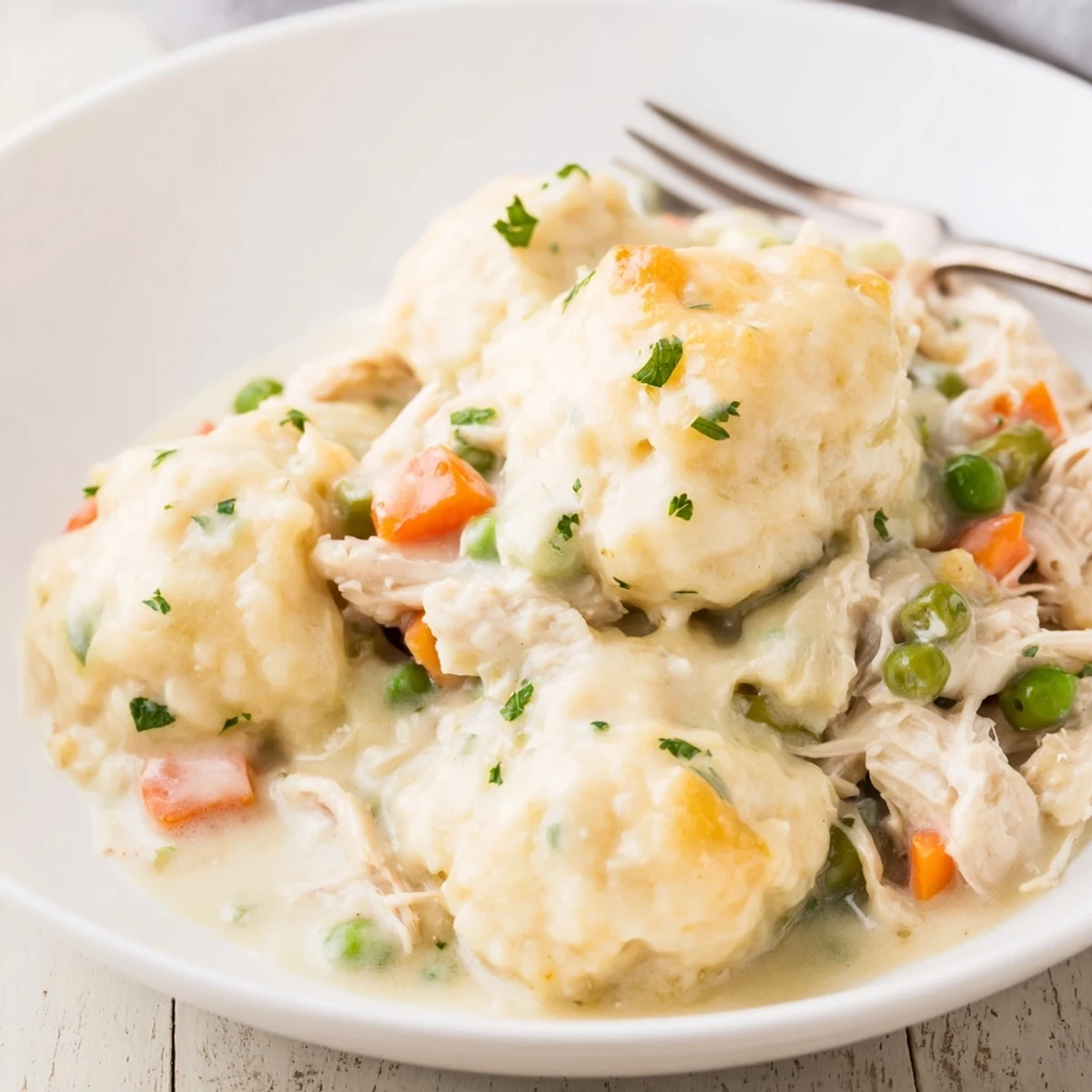 Golden Chicken and Dumplings Casserole topped with fluffy dumplings, perfect comfort food for dinner.  