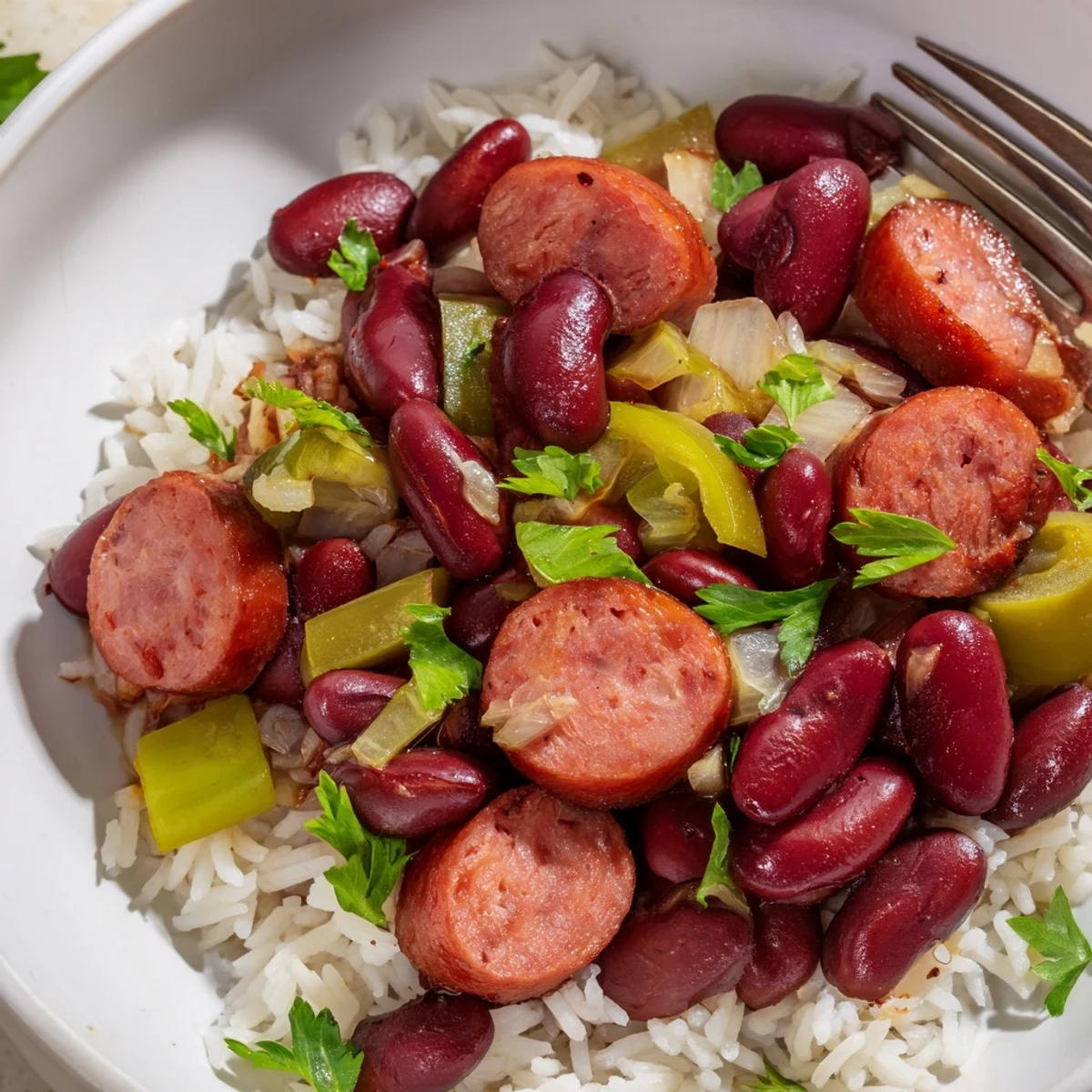 Delicious Red Beans & Rice served in a bowl, garnished with green onions.  