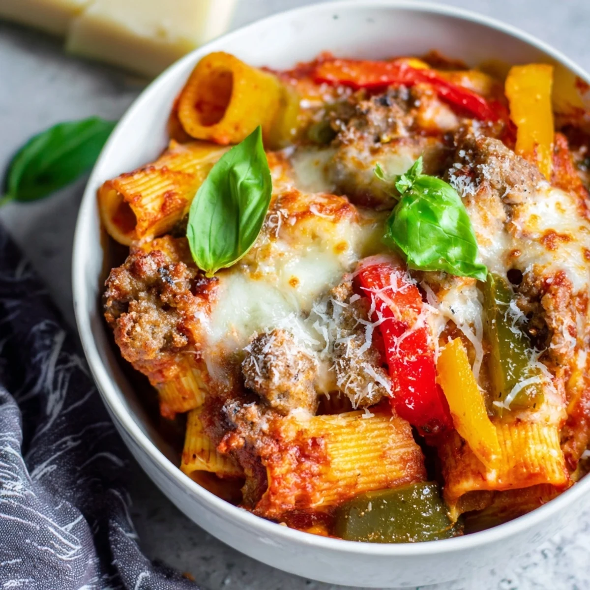 Hearty Baked Rigatoni with Sausage & Peppers, topped with melted cheese and fresh herbs.  