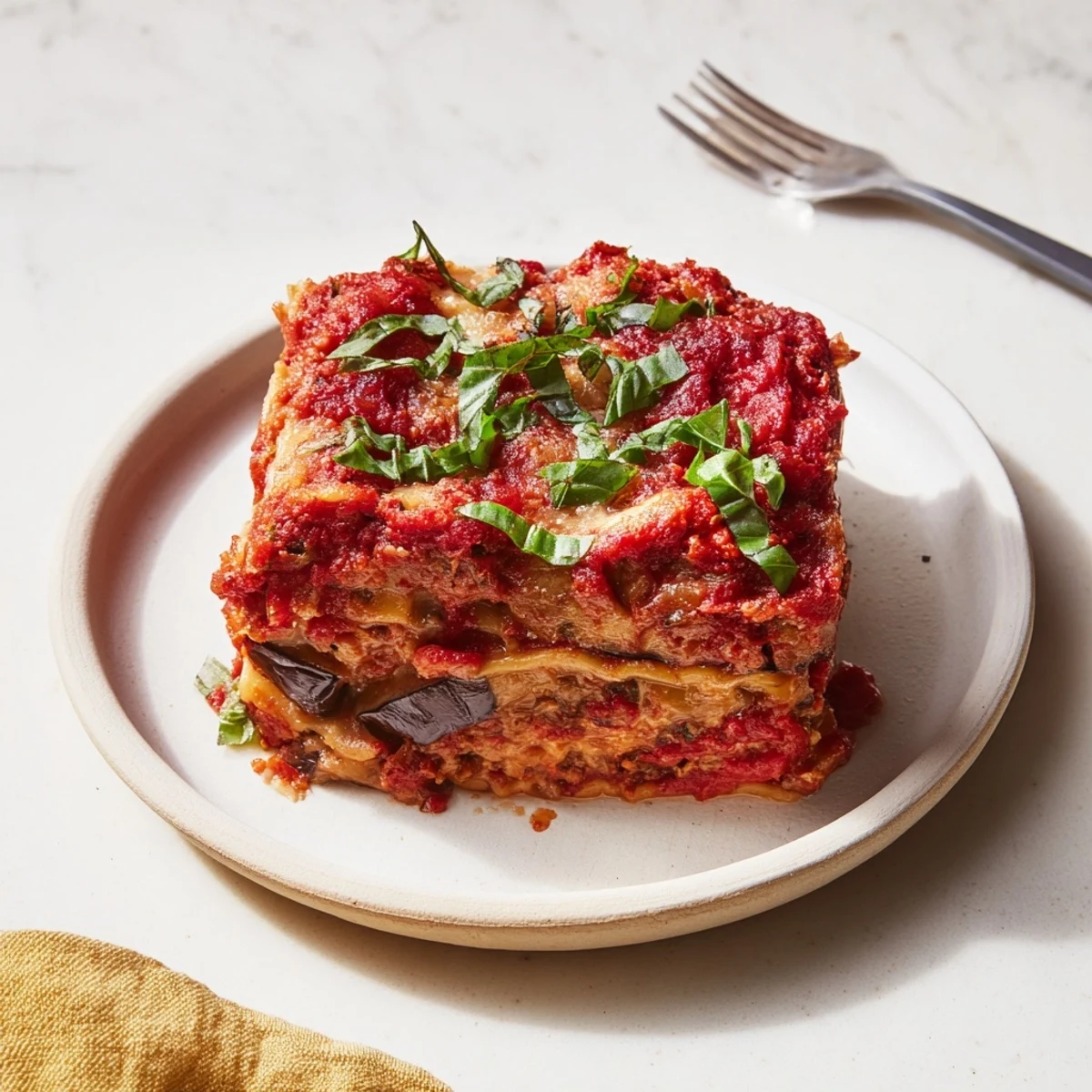 Golden-browned Eggplant Parmesan Lasagna served with fresh basil and marinara sauce.  