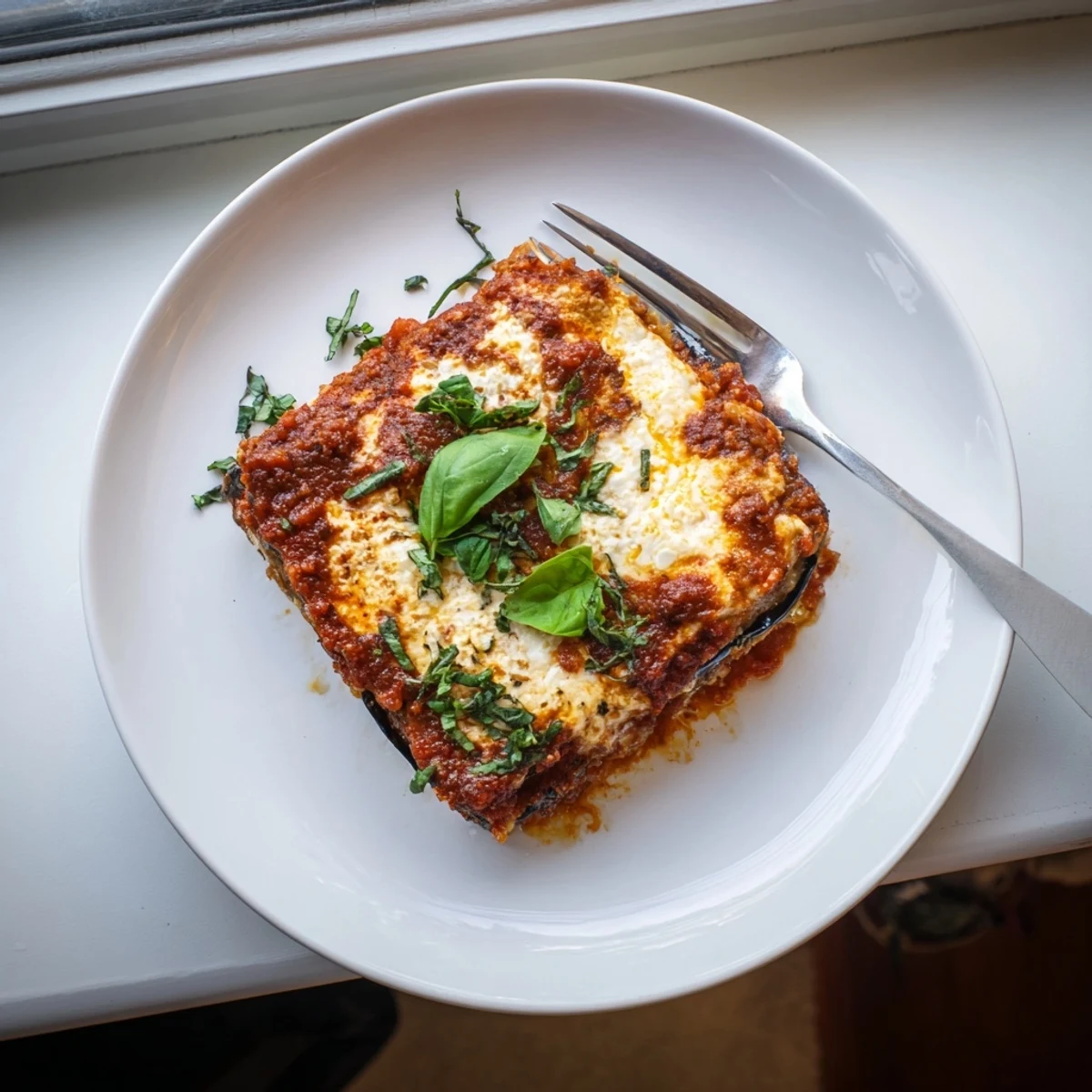Layers of rich ricotta, eggplant, and melted mozzarella in Eggplant Parmesan Lasagna.  