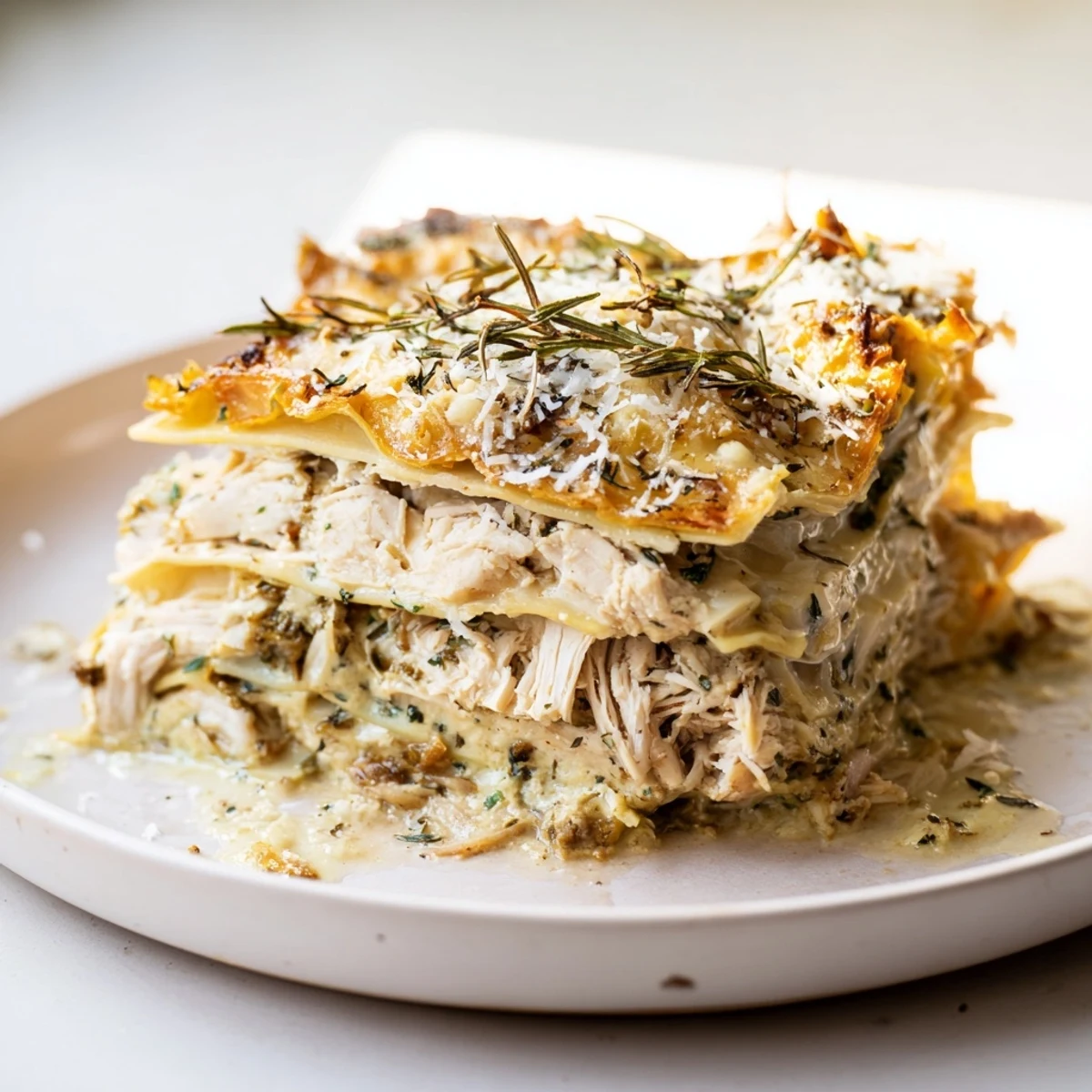 A bubbling Rosemary Chicken Lasagna, layers of cheese golden-brown and filling, ready to serve with wine.