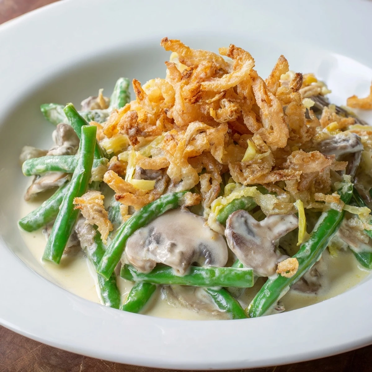 Golden-brown Old-School Green Bean Casserole bubbling in a baking dish, ready for serving alongside a holiday meal.