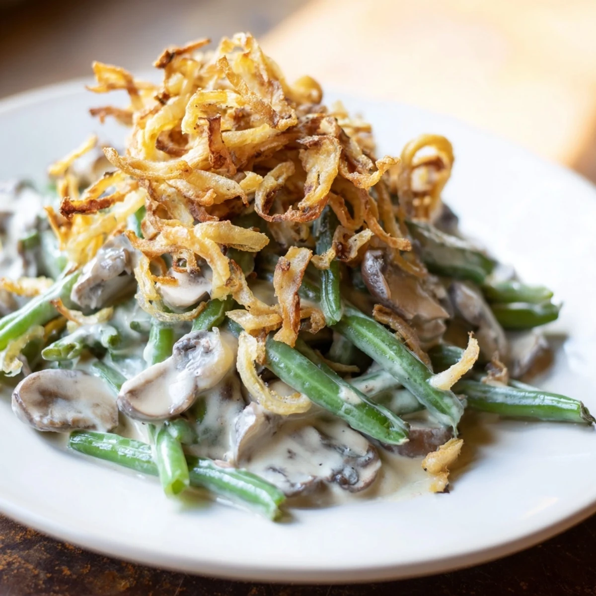 Creamy homemade Old-School Green Bean Casserole with a crispy onion topping, perfect for comforting family dinners.