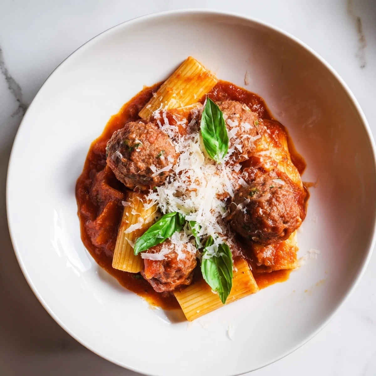 Sizzling Italian Meatball Pasta Skillet with tender pasta and meatballs bathed in a rich tomato sauce.