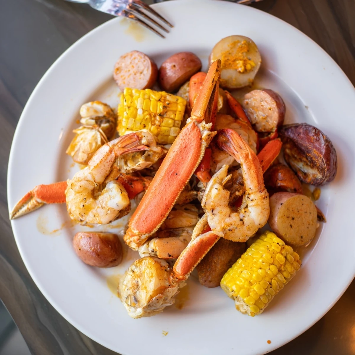 A vibrant photo of a seafood boil with crab, shrimp, and sausage piled high, ready to share.