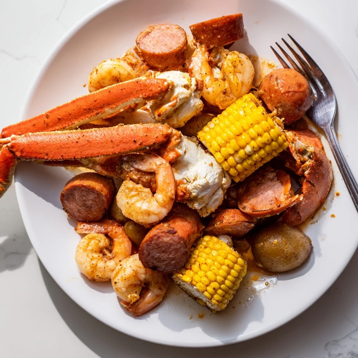 This Southern-style seafood boil with crab, sausage, and corn is steaming hot and ready to serve.