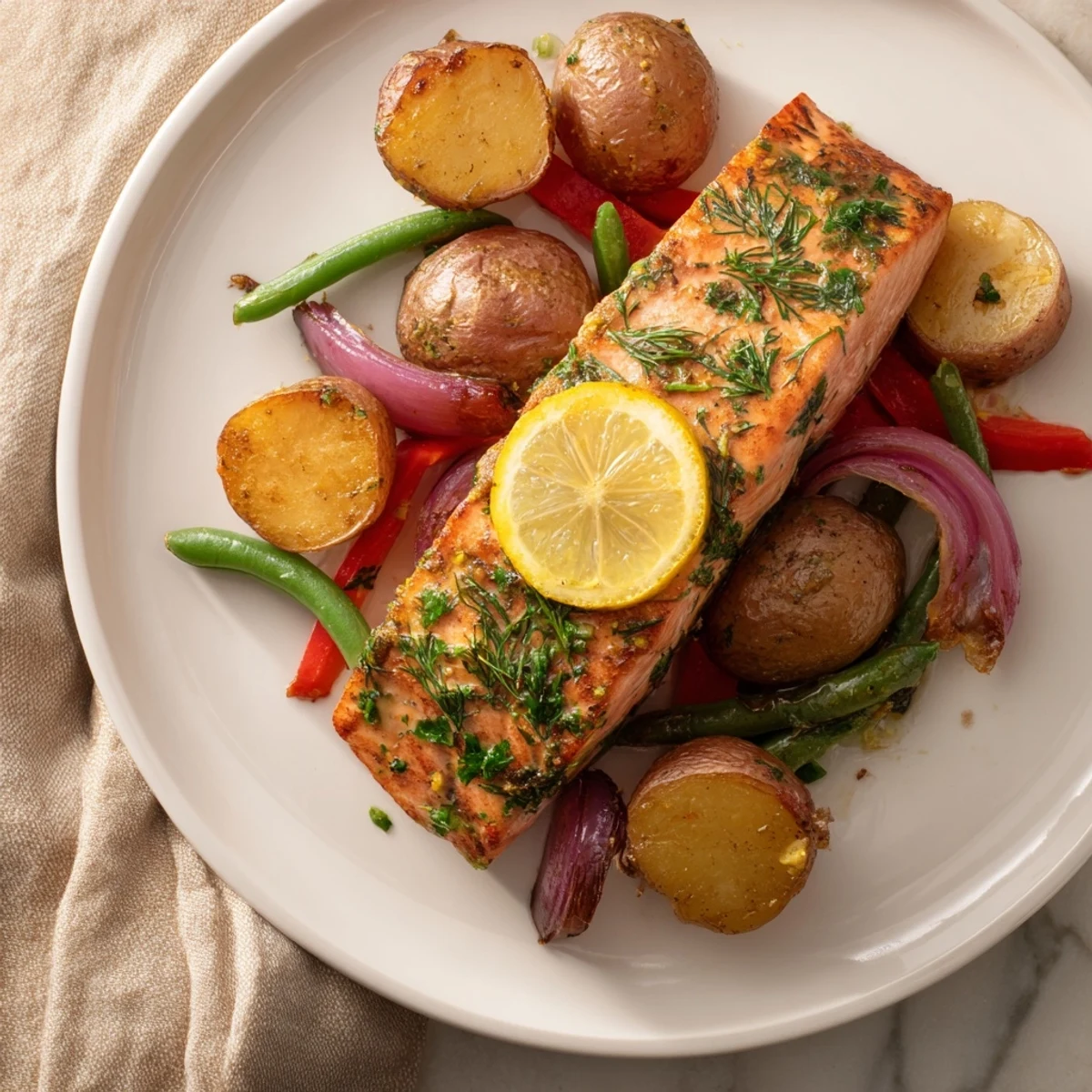 Golden-brown Lemon Herb Salmon & Potato Sheet Pan with flaky salmon and roasted vegetables.