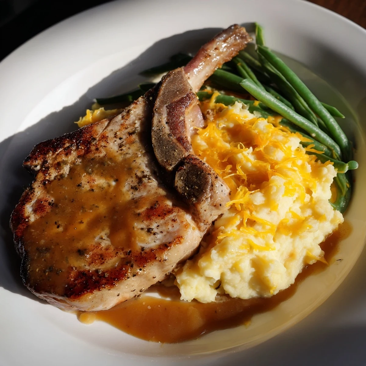 A close-up view shows the Pork Chops & Cheddar Mash Bowl, with vibrant green beans alongside the creamy mash.