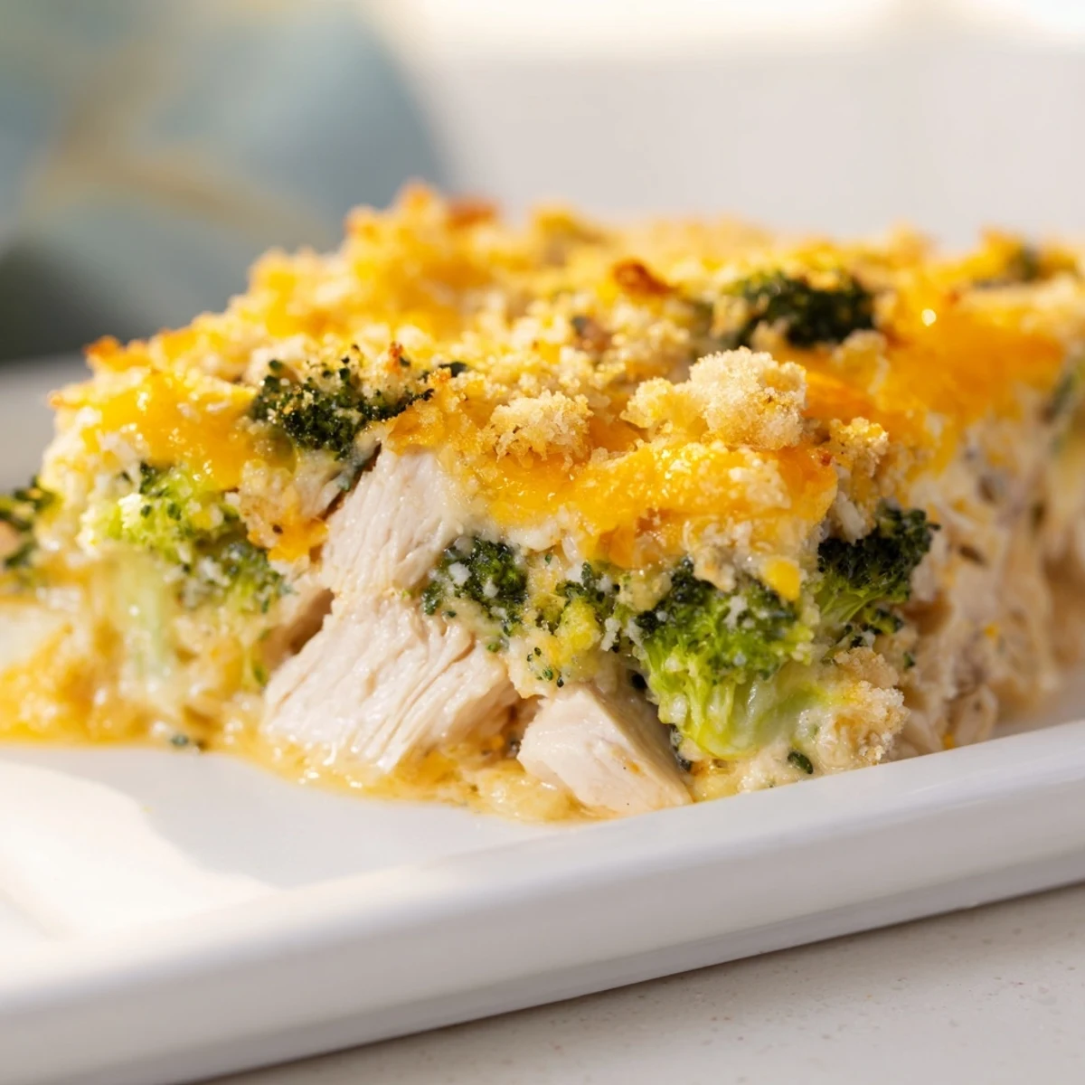 Imagine a comforting Chicken & Broccoli Cheddar Bake with melted cheese and fresh broccoli.