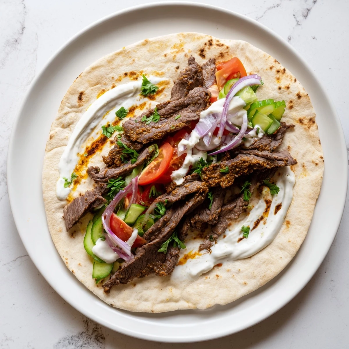 Juicy beef shawarma wraps with creamy yogurt sauce, filled with fresh vegetables, ready to eat.