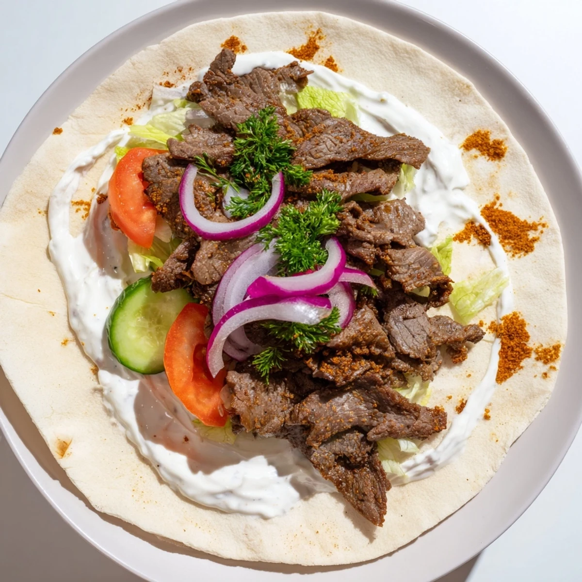 Close-up of a delicious beef shawarma wrap, featuring seasoned beef and fresh, vibrant ingredients.