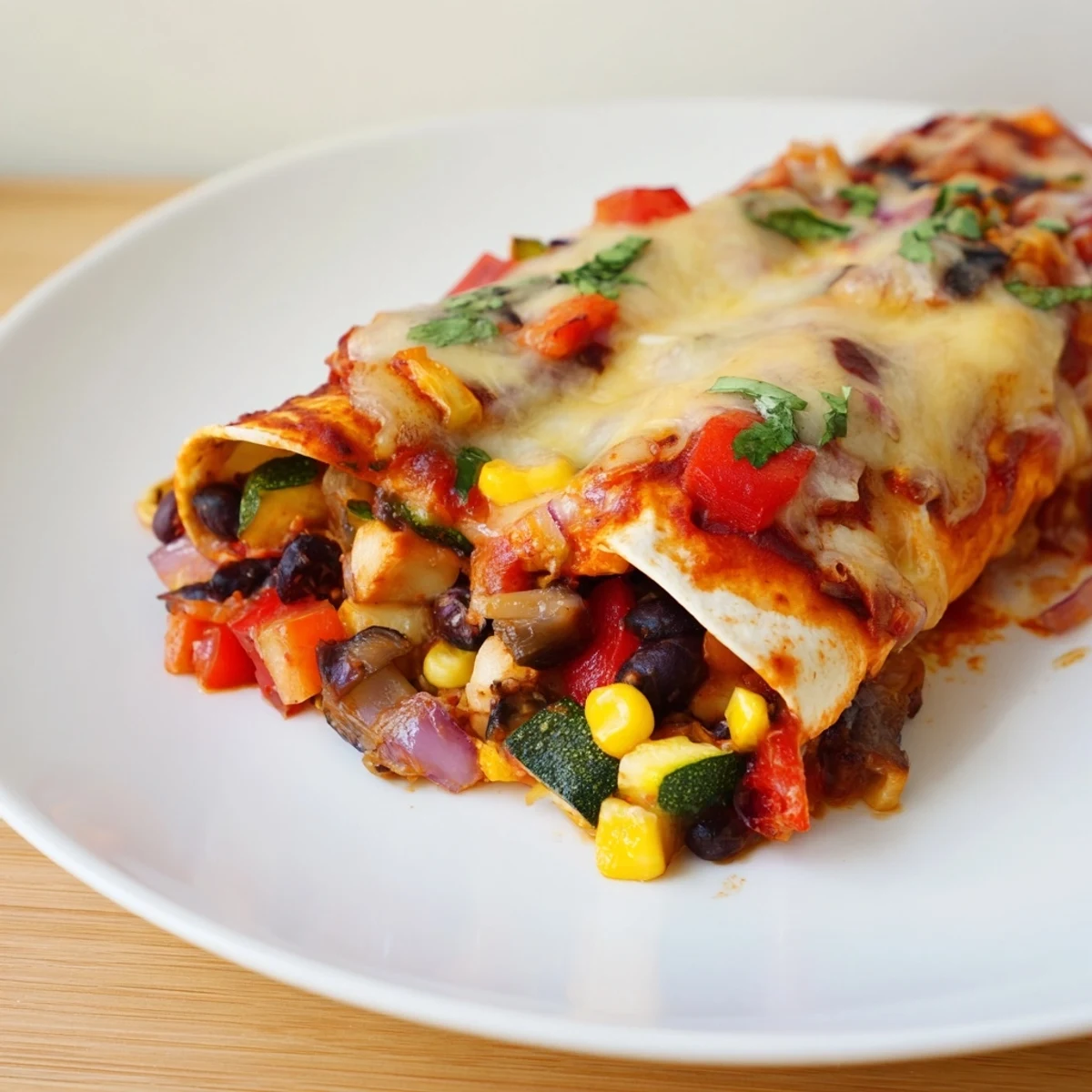 A close-up of cheesy Farmers Market Vegetarian Enchiladas, ready to be enjoyed with fresh toppings.