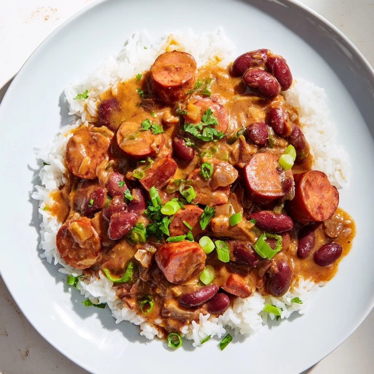 Steaming bowl of Red Beans & Rice, a Creole classic, served with fluffy white rice.