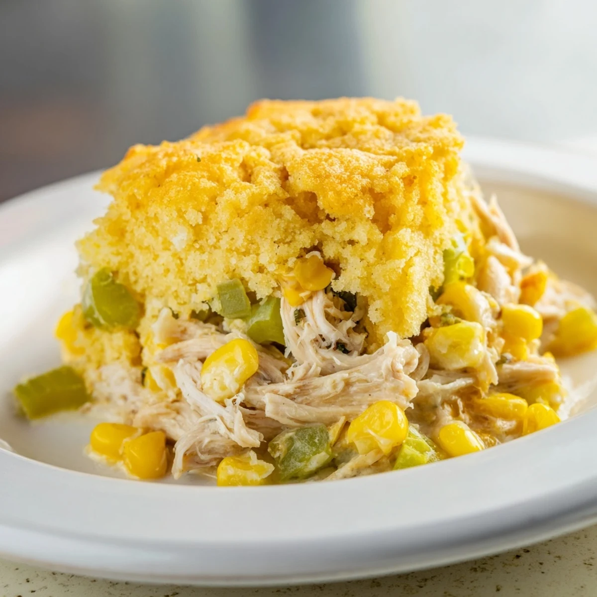 Savory Southern Cornbread Chicken Casserole with a fluffy, baked cornbread topping and a creamy filling.