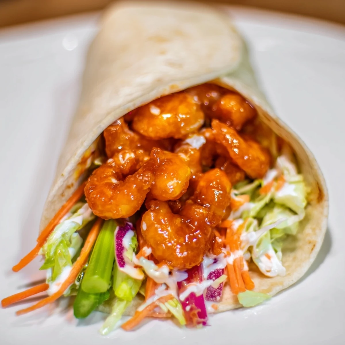 Golden, crispy Buffalo Shrimp Wraps filled with vibrant veggies and creamy ranch, ready to eat!