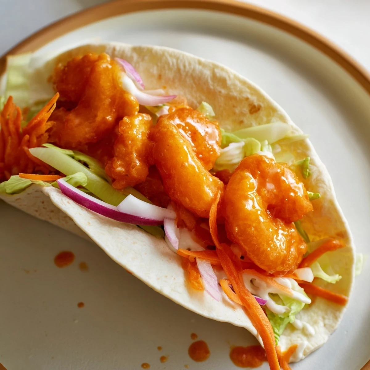 Close-up of spicy Buffalo Shrimp Wraps, showcasing juicy shrimp and colorful, fresh fillings.