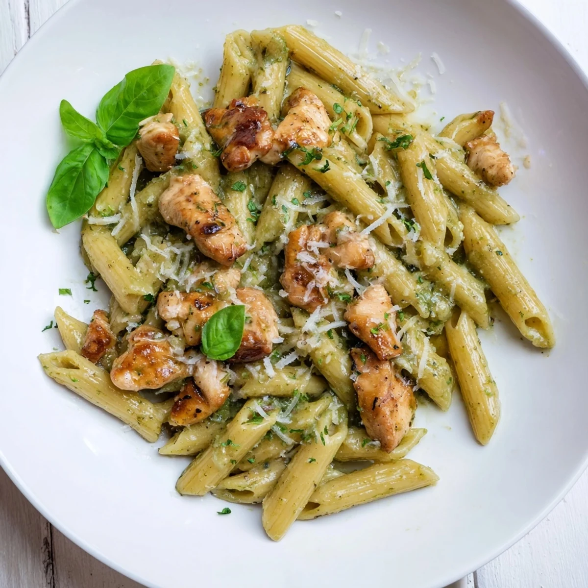 Savor the flavors: Creamy Pesto Penne & Chicken, featuring tender chicken mingling with rich pesto and Parmesan.