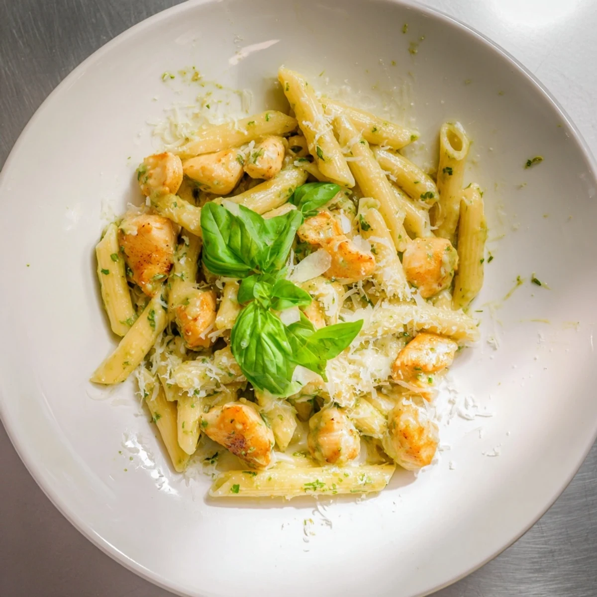 Indulge in this delicious Creamy Pesto Penne & Chicken, showcasing perfectly cooked chicken coated in creamy pesto.