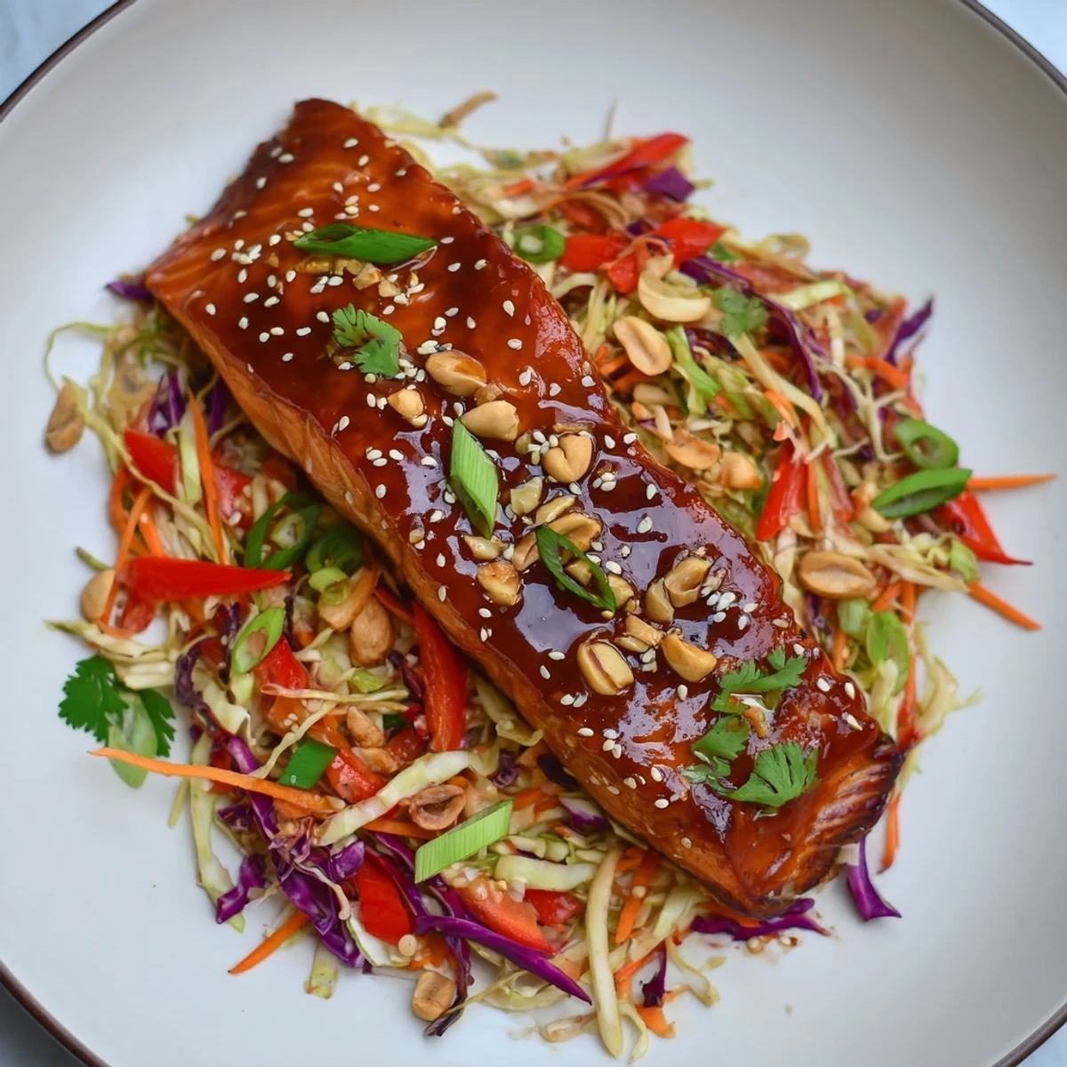 Imagine a flavorful bite: flaky teriyaki salmon with a cool, crisp Asian slaw.