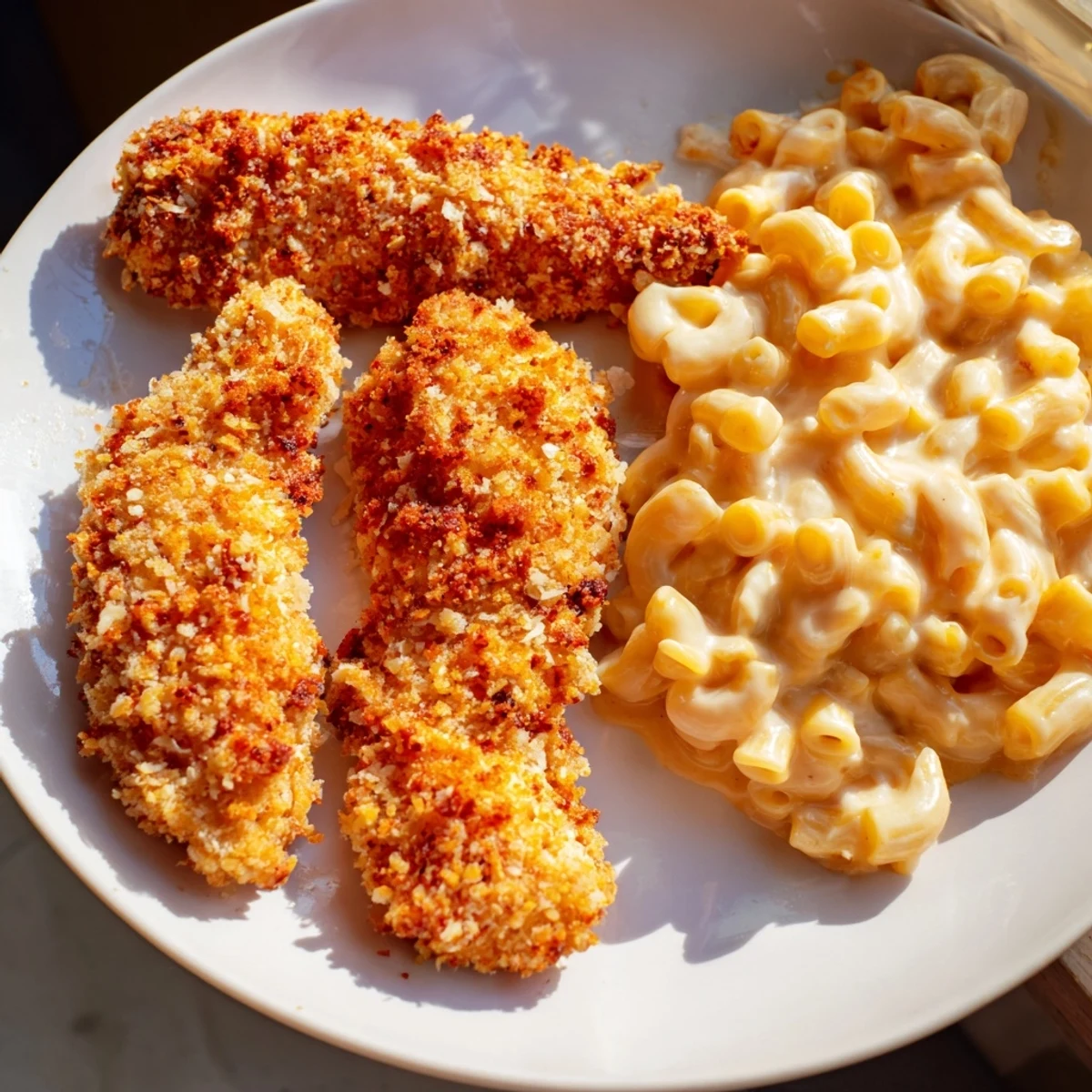 Golden-brown crispy chicken tenders share the plate with creamy macaroni and cheese for a classic meal.
