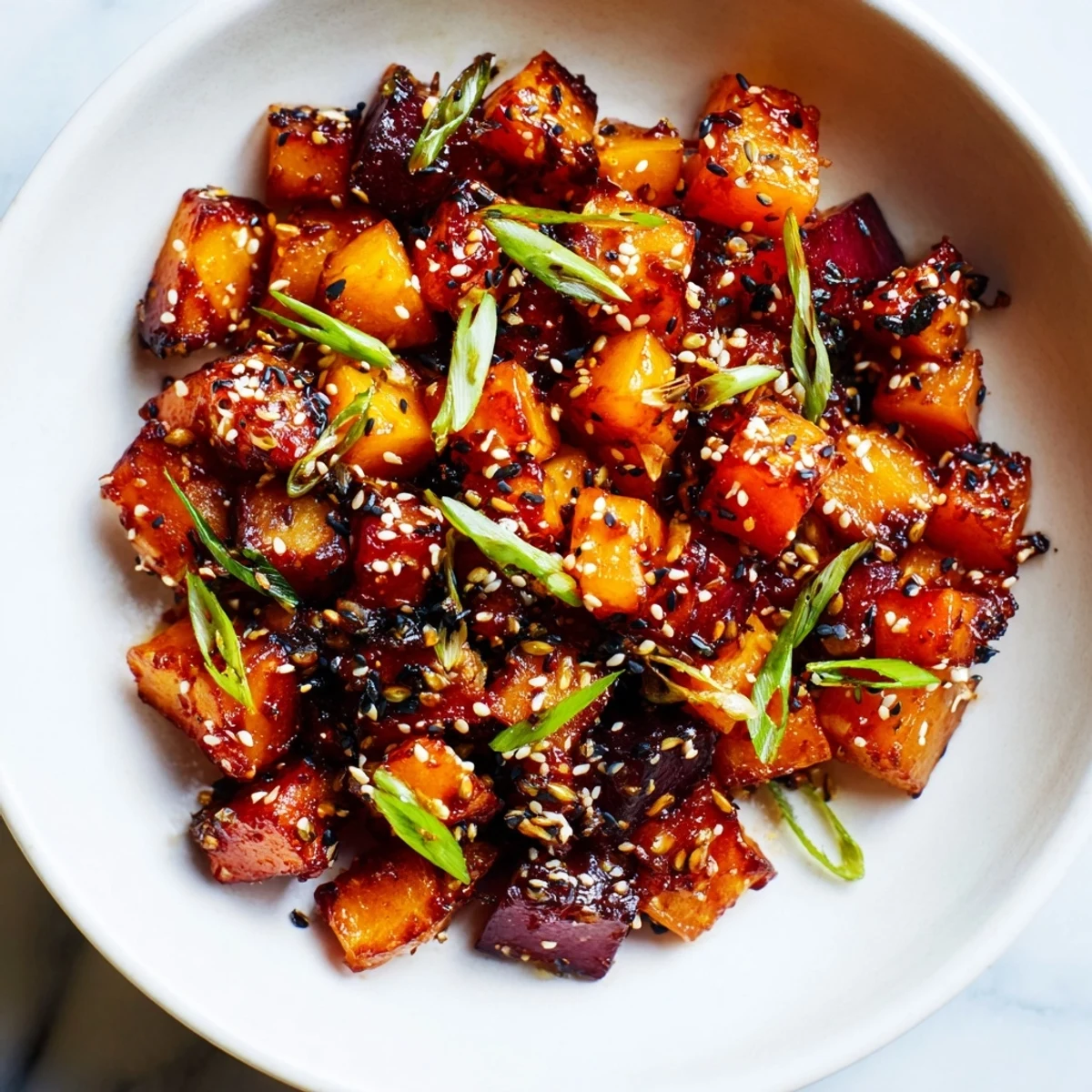 Close-up of miso roasted winter vegetables with sesame seeds, showcasing the umami-rich glaze.