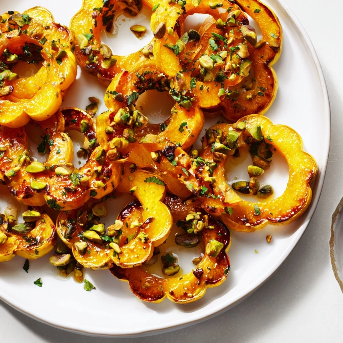 Tender, roasted delicata squash rings, sweet maple flavor, with crunchy pistachios—a delightful side dish.