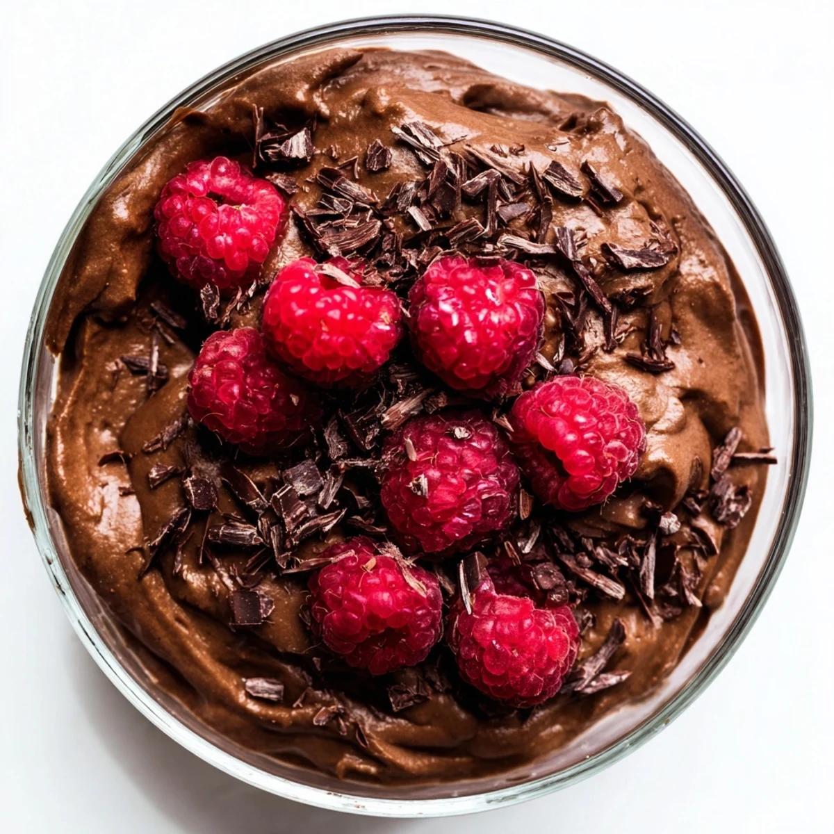 Velvety avocado chocolate mousse, a dairy-free dessert, topped with fresh raspberries for a sweet treat.