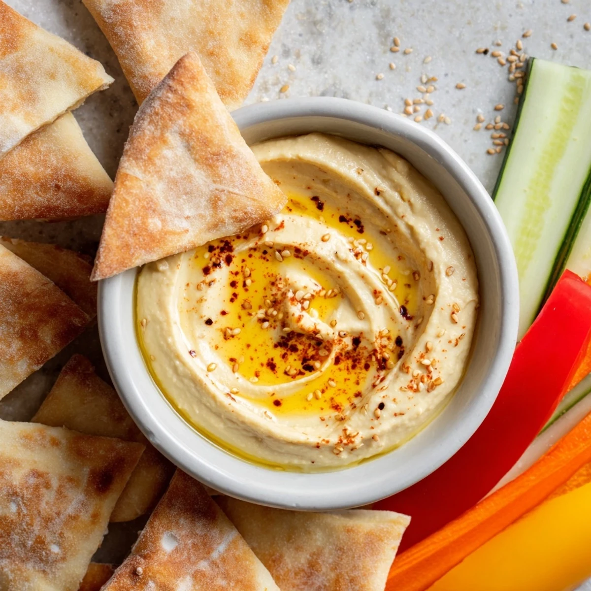 A close-up shot of homemade hummus with pita and fresh veggie sticks, a healthy snack idea.