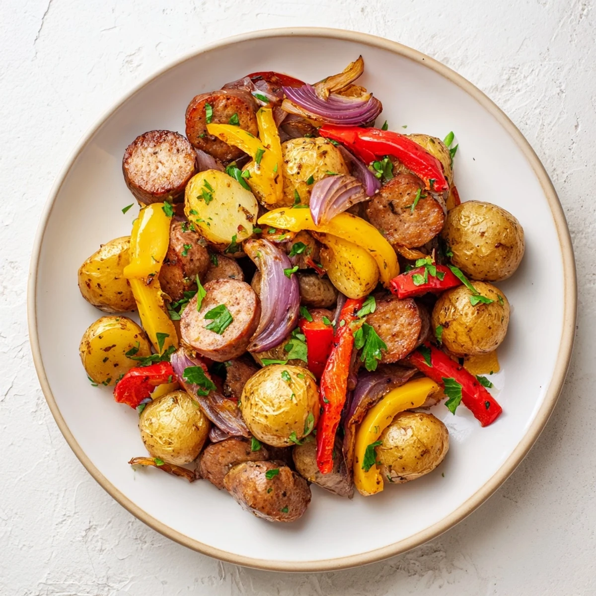 Easy Sheet-Pan Sausage with Peppers and Potatoes, ready with tender vegetables and perfectly browned sausage.