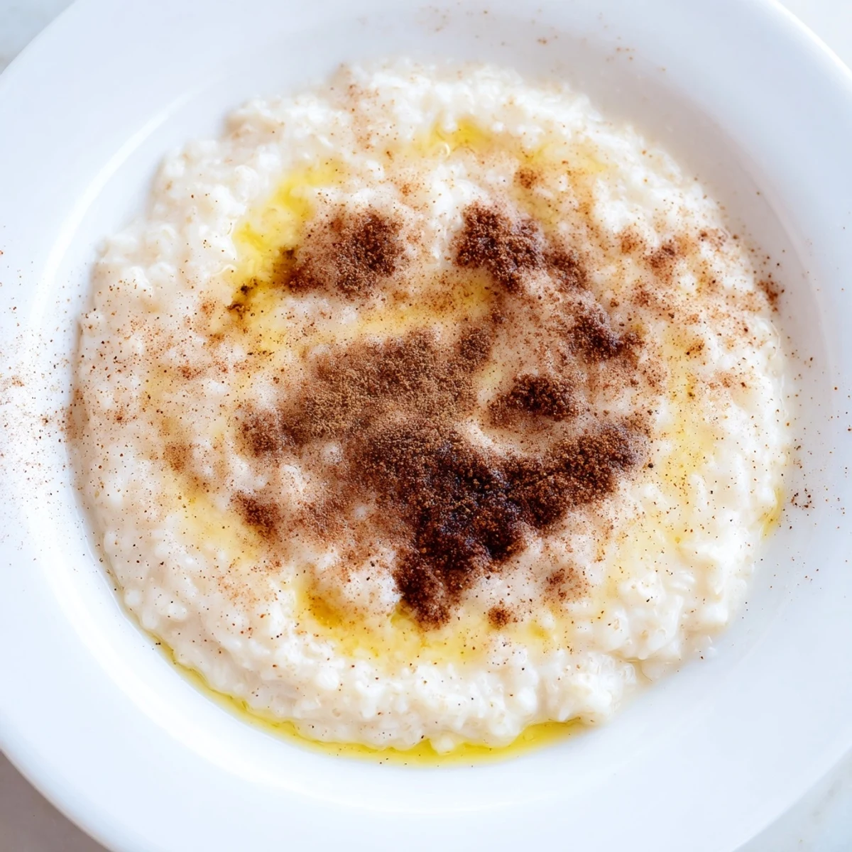 Photo of creamy rice pudding, a delightful dessert made with leftover rice, garnished with cinnamon.