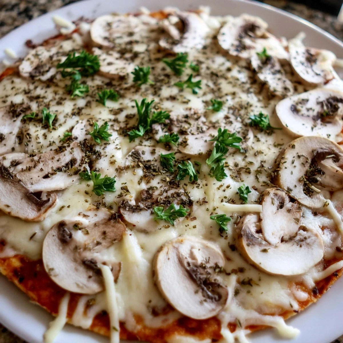 A close up shows the delicious mushrooms and herbs topping the upgraded frozen pizza, ready to slice.