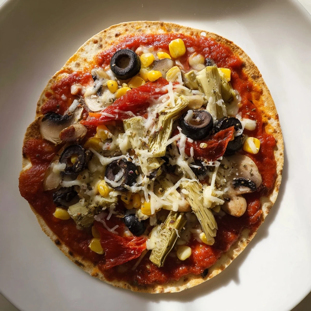 Golden and bubbly tortilla pizza, a simple and satisfying meal, loaded with delicious toppings.